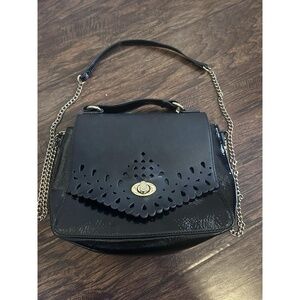 Neiman Marcus Black and Gold Crossbody Bag with Laser-Cut Design